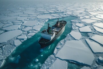 Ship cruising among sea ice. Arctic expedition icebreaker boat on frozen ocean water. Generate ai - obrazy, fototapety, plakaty