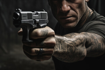 Brutal tattooed man aiming with a handgun - obrazy, fototapety, plakaty