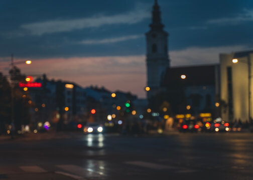 Road in the evening city, blurry abstract image, urban view background