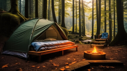 A camping bed in the middle of the forest with camping tent behind.