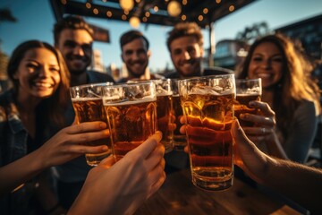 Group of friends toasting with beer.
