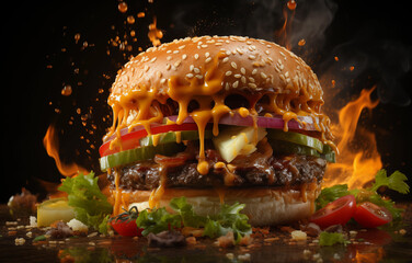 Delicious Cheesy Beef Burger on Dark Background, Generative AI