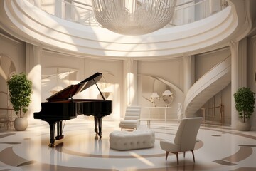 A piano is placed in the center of a cylindrical room with high ceilings.