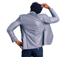 Handsome african american man with afro hair wearing business jacket backwards thinking about doubt with hand on head