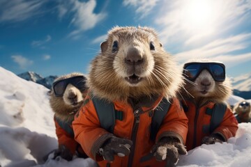 Young groundhogs skiing in the snow. - obrazy, fototapety, plakaty