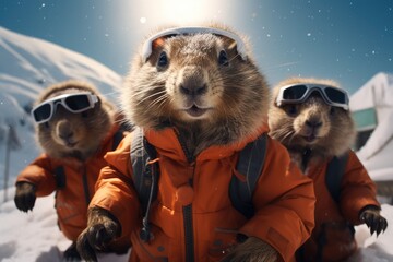 Young groundhogs skiing in the snow.