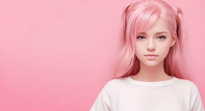 pretty teenage girl or young woman with pink hair. Pink hair teenage girl portrait looking at camera. copy space. Generative AI
