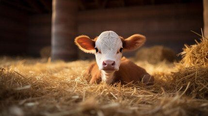 Fototapeta premium A small calf lying in the straw