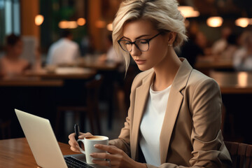 A businesswoman short blonde hair sitting at a table in a coffee shop working with laptop. - obrazy, fototapety, plakaty