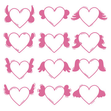 Set of 12 pink hearts with different wings. A heart with wings. Different wings. Doodle elemens