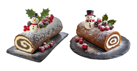 Pair of Chocolate Yule Log Cakes Decorated with Snowman and Holly Berries on Transparent Backdrop, PNG File