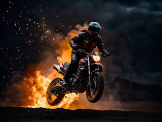 Obraz na płótnie Canvas A motorcycle jumping over a fiery pit