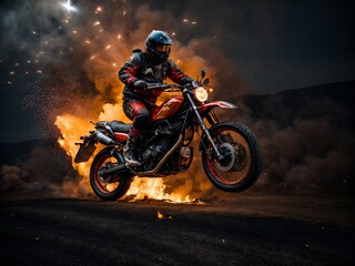 A motorcycle jumping over a fiery pit