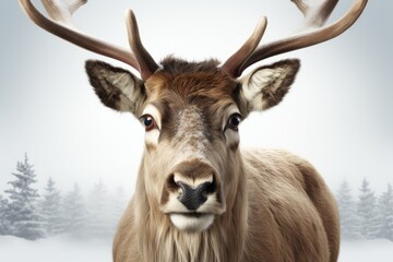 The red nosed reindeer on a winter landscape.