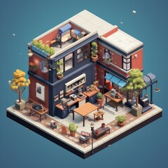Isometric, clean pixel art image of the exterior of a cute design studio.