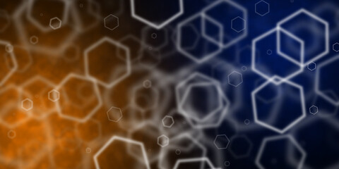 Abstract orange and dark blue background with flying hexagonal shapes