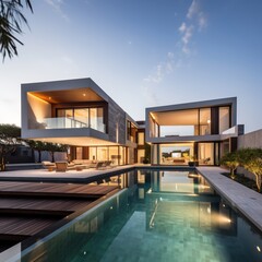Fototapeta na wymiar Exterior of a modern minimalist cubic villa with a swimming pool