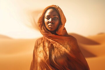 Veiled orange African woman in windy desert. Black lady in arid dune sand with covered head. Generate ai