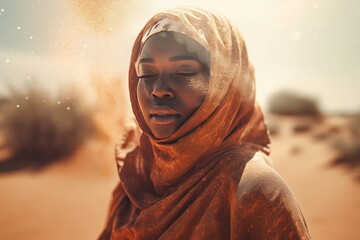 Veiled African woman with closed eyes in arid desert. Black lady with orange headscarf in windy dune. Generate ai