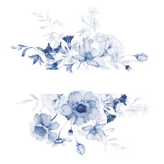 Floral frame in watercolor style on a white background. Card in indigo tones - 689013698