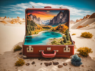 An open suitcase with miniature landscapes inside, representing travel dreams