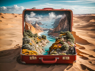 An open suitcase with miniature landscapes inside, representing travel dreams