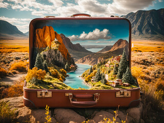 An open suitcase with miniature landscapes inside, representing travel dreams - obrazy, fototapety, plakaty