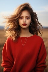 Fototapeta premium Young woman in red sweater posing in a field.