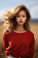 Fototapeta premium Young woman in red sweater posing in a field.