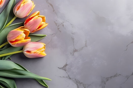 Pink tulips on a gray marble background.