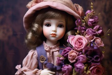 Fototapeta premium Delicate doll in a hat with intricate details captured against a dark background, surrounded by flowers.