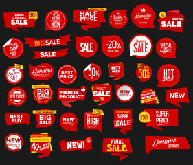 Collection of red modern badges and labels