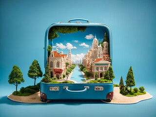 A  a travel suitcase that opens to reveal a complete miniature city inside
