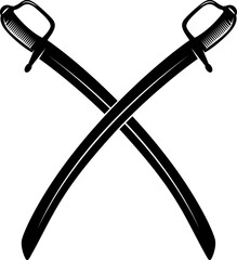 Crossed ancient sabers. Design element for emblem, sign, badge. Vector illustration