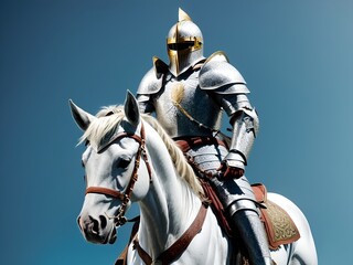 A character of a knight in shining armor with a sword, on a white horse - obrazy, fototapety, plakaty