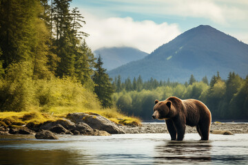 Brown bear standing in river with beautiful nature on background. Generative AI