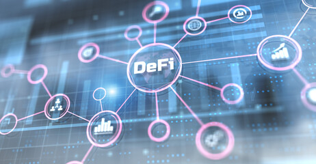 Fototapeta premium DeFi Decentralised Finance crypto currency digital money concept on virtual screen.