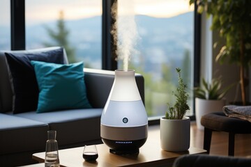 A portable humidifier sits in a sitting room.