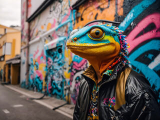 Fototapeta na wymiar A graffiti artist gecko with a spray can tail