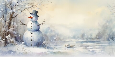 Obraz premium Artistic January-themed watercolor painting featuring a snowman and winter wildlife on textured paper