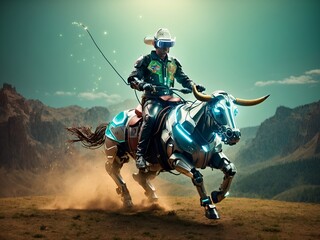 A robot cowboy riding a mechanical bull through virtual reality landscapes - obrazy, fototapety, plakaty