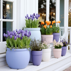 Springtime Floral Gardening. Vibrant Purple and Apricot Tulips in Garden Pots Arranged on a White Porch.