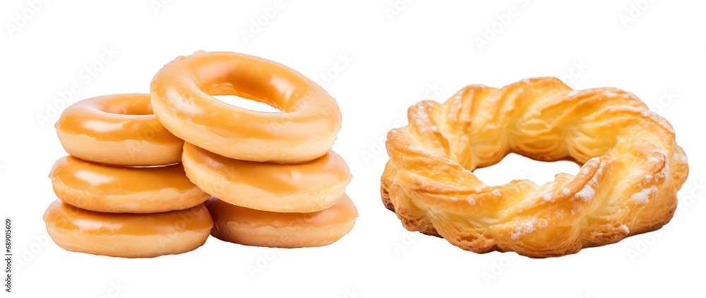 Sticker glazed doughnuts stack and cruller isolated on white