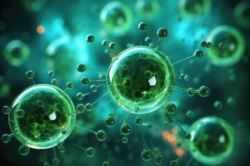 Science fiction microscopic view of green cells reviving dead cells.