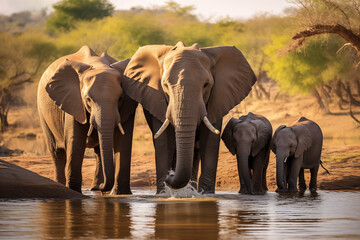 Elephant family near the river in savannah. Generative AI