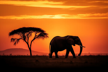 Elephant silhouette nearly tree on sunset in savannah. Generative AI