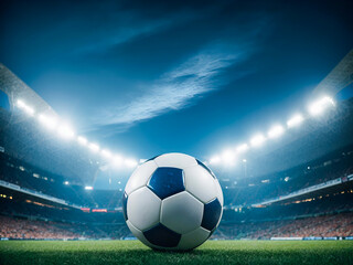 Fototapeta premium A weathered soccer ball sits at the heart of a grand stadium