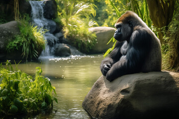 Gorilla hanging nearly waterfall. Generative AI