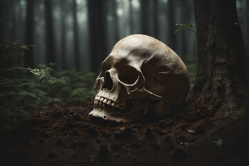 The skull was buried in the ground in a quiet and eerie forest