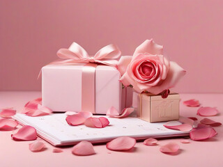 Valentine's day background Pink roses and gift box on calendar with rose petals isolated on pink background